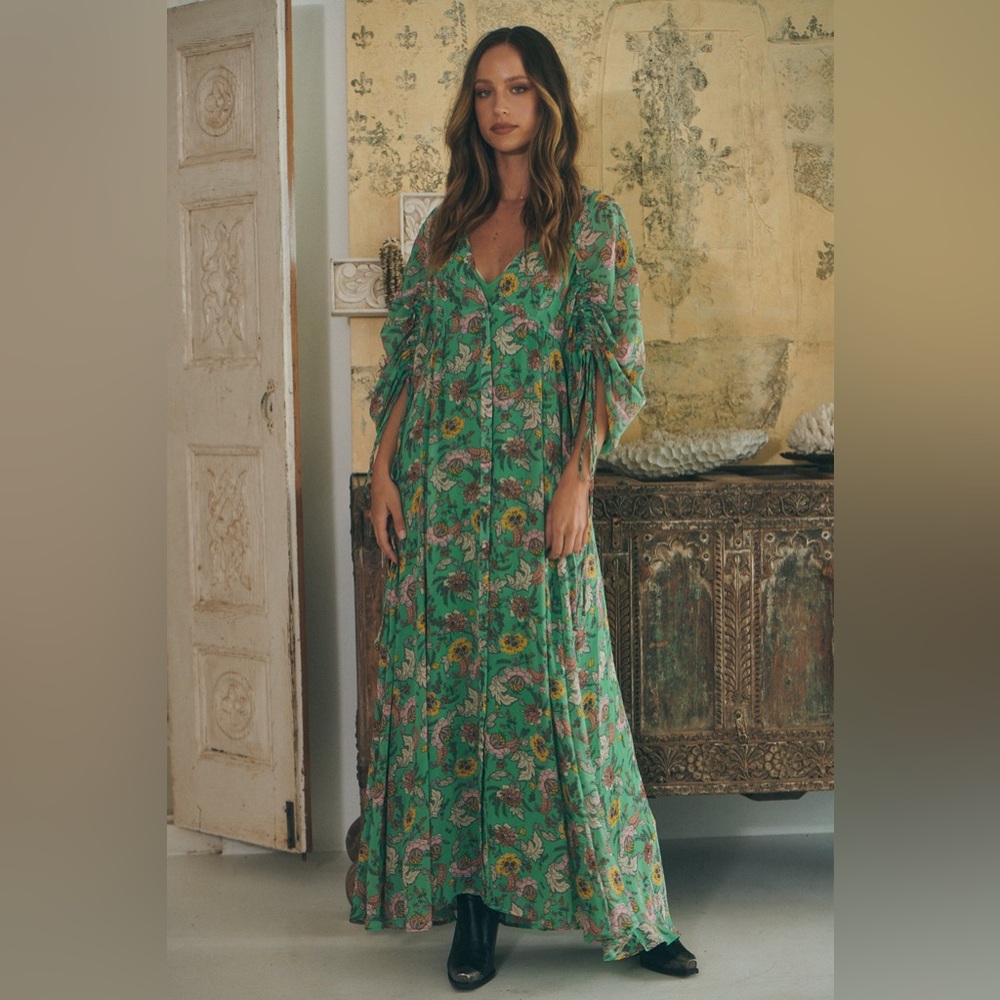 Free People EarthFolk Maxi Dress Green Boho Floral Wedding Balloon Sleeve Easter